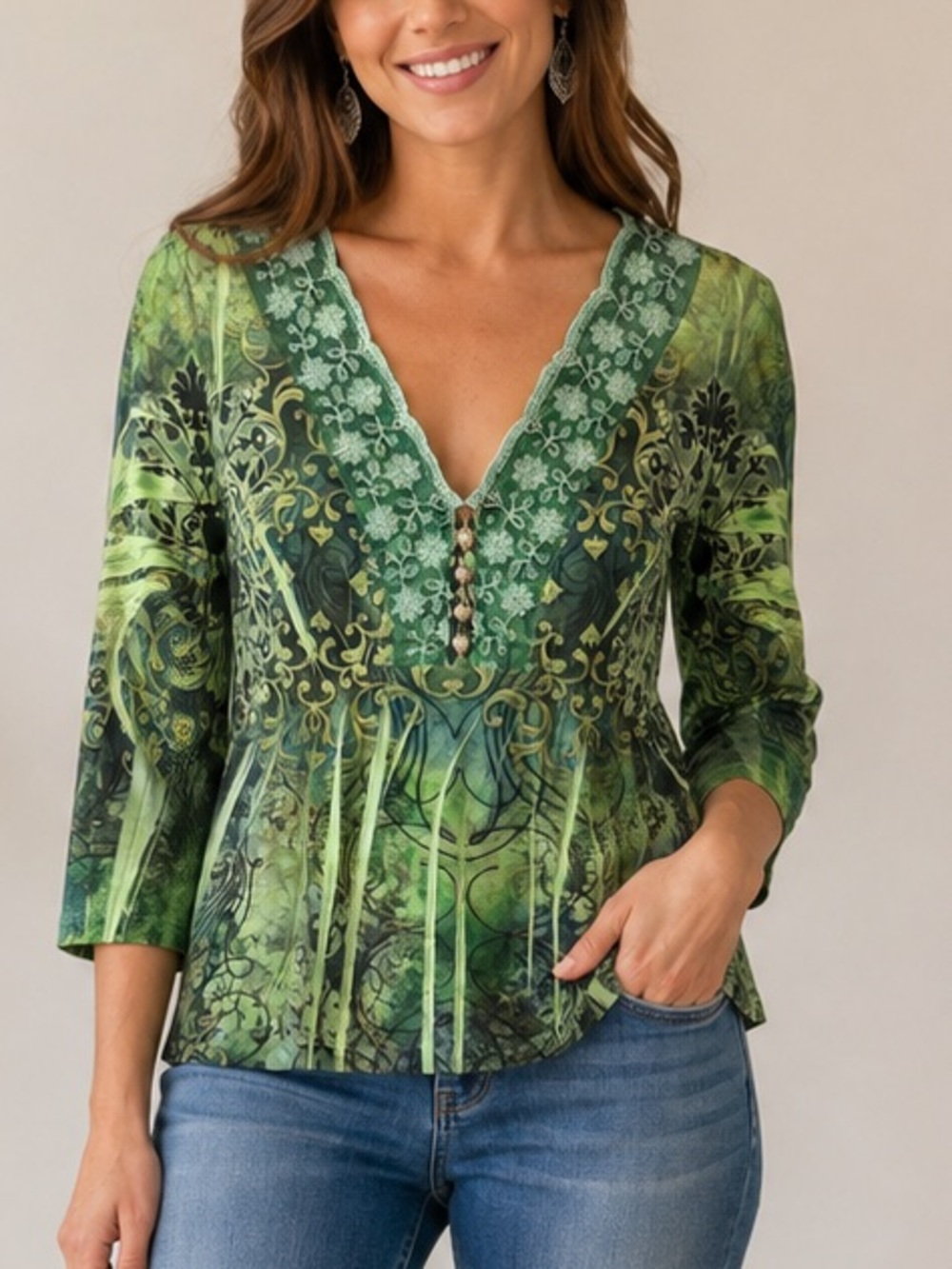 Y2K vintage 2000s Unity World Wear Women’s Boho V Neck Top Shirt Petite medium